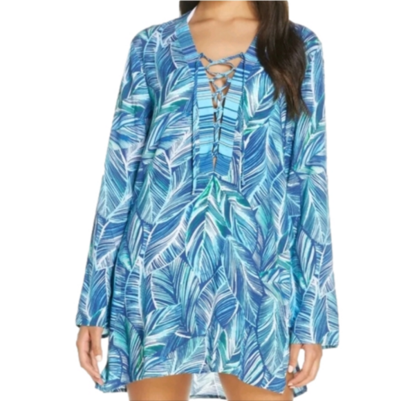 La Blanca Sketched Leaves Long Sleeve Tunic Swim Cover-Up Size Medium